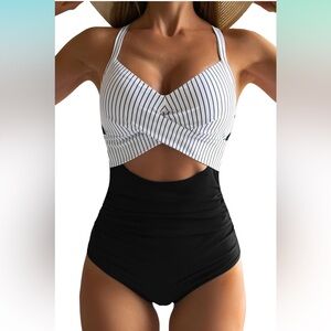 Amazon Women's Black and White Striped Twist-Front One-Piece Swimsuit
